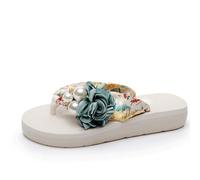 Générique Infradito floreale da donna con cinghie morbide e suola imbottita decorazione floreale pantofole estive per abbigliamento casual sandalo pantofole da spiaggia fiore perla, A verde., 40 EU