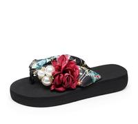 Générique Infradito floreale da donna con cinghie morbide e suola imbottita decorazione floreale pantofole estive per abbigliamento casual sandalo pantofole da spiaggia fiore perla, Z Rosso, 39 EU
