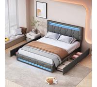 Générique Letto 140 x 200 cm con 4 cassetti, con portaoggetti e testiera regolabile, illuminazione a LED e funzione di rete a doghe in legno, lino morbido, senza materasso (grigio, 140 x 200 cm)