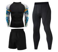 Générique Maglia Da Ciclismo Set Compressione Uomo 3 Pezzi T-shirt Compressione Leggings Pantaloni Tenuta Sport Fitness Jersey Stretto Jogging Abbigliamento Running Basket-Ball Maratona