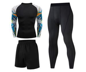 Générique Maglia Da Ciclismo Set Compressione Uomo 3 Pezzi T-shirt Compressione Leggings Pantaloni Tenuta Sport Fitness Jersey Stretto Jogging Abbigliamento Running Basket-Ball Maratona
