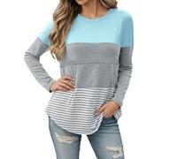 Générique Maglietta da donna a collo rotondo, a maniche lunghe, in pizzo, con motivo floreale, per maternità, allattamento, lunga e confortevole, casual, blu, M