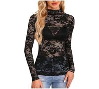 Générique Maglietta da donna a maniche lunghe in pizzo traforato, con scollo rotondo, trasparente, a taglio aderente, sexy, in maglia, camicetta, Le Noir, M