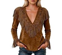 Générique Maglietta da donna con scollo a V a maniche lunghe, con frange in ecopelle e top basic, camicetta country per cowboy, carnevale per feste e abbigliamento da donna, Marrone15, L