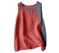 Générique Maglietta da donna in lino e cotone largo con bottoni decorativi e stile patchwork per un look retrò, top vintage da donna, rosso, XL