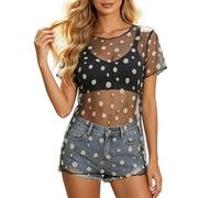 Générique Maglietta da donna in rete trasparente con stampa floreale a maniche corte camicia di protezione solare sottile ampia casual outdoor passamontagna traspirante camicetta, Nero , XL