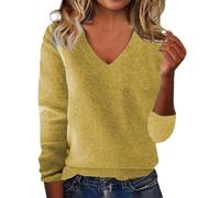 Générique Maglione da donna chic caldo, tinta unita, con scollo a V, maniche lunghe, in cashmere, da donna, invernale, maglione in maglia leggera, chic ed elegante, comfort, casual, alla moda, giallo