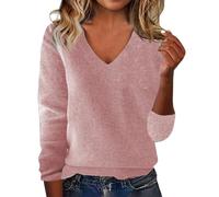 Générique Maglione da donna chic caldo, tinta unita, con scollo a V, maniche lunghe, in cashmere, da donna, invernale, maglione in maglia leggera, chic ed elegante, comfort, casual, alla moda, Rosa
