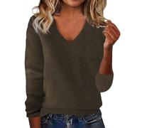 Générique Maglione da donna chic caldo, tinta unita, con scollo a V, maniche lunghe, in cashmere, da donna, invernale, maglione in maglia leggera, chic ed elegante, comfort, casual, alla moda, marrone