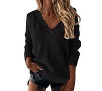 Générique Maglione da donna con scollo a V, in maglia di ciniglia, traspirante, felpa chic, a maniche lunghe, colore puro, felpa casual e confortevole, pullover, Nero , XXL