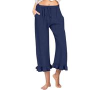 Générique Pantaloni fluidi da donna estivi in lino - Pantaloni leggeri fluidi da donna, pantaloni eleganti, corsaro da sera, pantaloni giovani, con coulisse, pantaloni belli, blu scuro, L