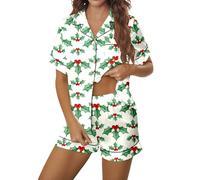 Générique Pigiama natalizio da donna, con stampa di Natale, in seta e raso a maniche corte, con bottoni e pantaloncini. Progettato per la casa in inverno, comfort e stile casual., bianco, XXL