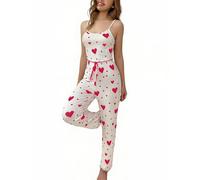 Générique Pigiama sexy da donna con cuore stampato Pajamas, collo a U, senza maniche, canotta e pantaloni lunghi, abbigliamento da notte morbido, abbigliamento rilassante per la vita quotidiana 2