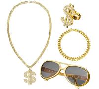 Générique Pimp Costume Hip Hop Per Uomo, Set 4 Pezzi Anni '80 '90 | Catena Oro Finta, Occhiali Da Sole Punk, Anello Segno Dollaro, Outfit Rap Per Festa, Carnevale, Cosplay Uomo Donna