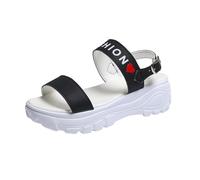 Générique Sandali da donna, estivi, con zeppa, con punta aperta, due flange larghe, con fibbia e lettere stampate, piattaforma spessa, suola dentata, stile urbano, per sport all'aria aperta, 01 Nero