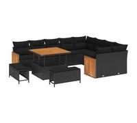 Générique Set Canape Giardino 12 Pezzi Nero con Cuscino | Poly Rattan Tessitura, Telaio Acciaio Epoxy, Legno Acacia, Cuscino Rimovibile, Per Terrazza Esterna