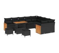 Générique Set Canape Giardino 12 Pezzi Nero con Cuscino | Poly Rattan Tessitura, Telaio Acciaio Epoxy, Legno Acacia, Cuscino Rimovibile, Per Terrazza