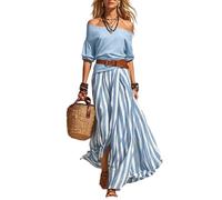 Générique Set da donna a due pezzi: top tinta unita con spalle scoperte e gonna lunga a righe con cintura - abbigliamento casual estivo per le vacanze e tutti i giorni (blu,XL)