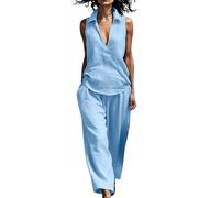 Générique Set da donna estivo in cotone, con scollo a V, senza maniche e pantaloni larghi, lunghezza alla caviglia, abbigliamento casual chic per vacanze e quotidiane, stile fluido e moderno, 07 Cielo