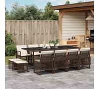 Générique Set da giardino 13 pezzi marrone rattan con cuscini | Tavolo in vetro temperato, schienali pieghevoli, fodere rimovibili, portaoggetti compatto