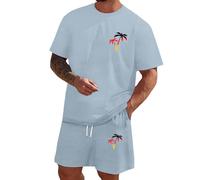 Générique Set da jogging da uomo a maniche corte con stampa di palma e pantaloncini da spiaggia estivi oversized streetwear per casa vacanza al mare uscita all'aperto, Azzurro, S