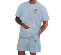Générique Set da jogging da uomo a maniche corte con stampa di palma e pantaloncini da spiaggia estivi oversized streetwear per casa vacanza al mare uscita all'aperto, A blu chiaro., XL