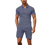Générique Set da uomo estivo, 2 pezzi, camicia a maniche corte con zip e pantaloncini in rete Waffle traspirante, tuta casual chic leggera comoda per ufficio, golf, tennis, spiaggia, abbigliamento
