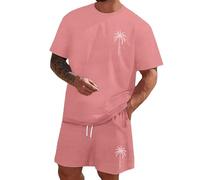 Générique Set da uomo T-shirt a maniche corte con stampa di palma e pantaloncini da spiaggia con cordino di serraggio estivo traspirante per vacanze al mare outdoor sport e leggero, taglie forti