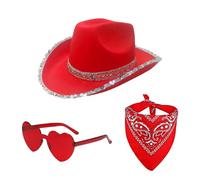 Générique Set di cappelli da cowboy di Natale, cappello da cowboy di Natale, cappello da cosplay occidentale, 3 x da cowgirl, occhiali Bandana vintage a forma di cuore, festa di n