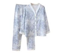 Générique Set di pigiama da donna garza di cotone, set pigiama da donna chic ed elegante a maniche lunghe, abbigliamento da notte a due pezzi, cardigan scollo a V con bottoni e pantaloni per la casa