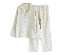 Générique Set di pigiama da donna garza di cotone, set pigiama da donna chic ed elegante a maniche lunghe, abbigliamento da notte a due pezzi, cardigan scollo a V con bottoni e pantaloni per la casa