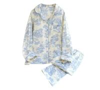 Générique Set di pigiama da donna garza di cotone, set pigiama da donna chic ed elegante a maniche lunghe, abbigliamento da notte a due pezzi, cardigan scollo a V con bottoni e pantaloni per la casa