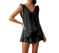 Générique Set pigiama da donna 2 pezzi, elegante e chic canotta con scollo a V con balze, perfetto per la casa e le sere, comodo, Nero , L