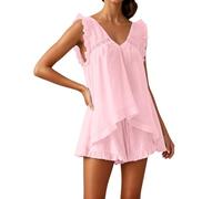 Générique Set pigiama da donna 2 pezzi, elegante e chic canotta con scollo a V con balze, perfetto per la casa e le sere, comodo, rosso, L