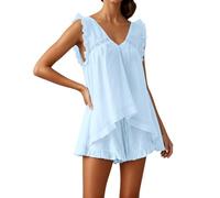 Générique Set pigiama da donna 2 pezzi, elegante e chic canotta con scollo a V con balze, perfetto per la casa e le sere, comodo, blu, L