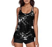Générique Set Tankini Donna Due Top Costumi da Bagno con Shorty Controllo Pancia e Stile Flowy per Spiaggia Piscina, Le Noir, M