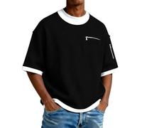 Générique T-shirt da uomo a maniche corte con pannelli a contrasto casual girocollo strisce laterali moderne in tessuto misto confortevole, alta quotidianità, abbigliamento finto due pezzi, Le Noir, M