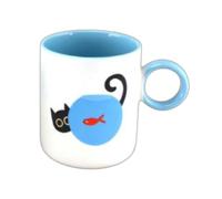 Générique Tazza Loki con gatto e pesce rosso, bianco e blu, 375 ml, 8,5 x 10 cm, tazza umoristica Efya