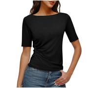 Générique Top da donna con spalle scoperte, a maniche corte, con clip arricciata su un lato - tessuto leggero e fluido - look romantico estivo, 29 nero, XL