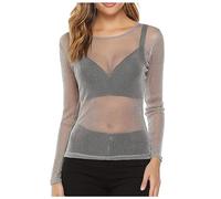 Générique Top in Maglia con Paillettes Trasparenti per Donna, Camicia Nera Trasparente a Manica Lunga Tunica Donna