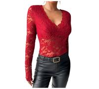 Générique Top Trasparente Donna Elastico Camicia Manica Lunga Top in Pizzo Sexy Camicetta Clubwear Top a Maglia per Serata Club Taglio Asciutto, Vino, S
