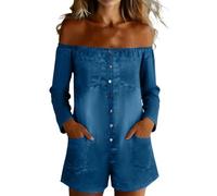 Générique Tuta corta da donna stampata pagliaccetto con spalle scoperte e maniche lunghe Tuta corta stile vintage casual Trousers corti larghi motivo floreale vestito da spiaggia bohemien chic, Blu