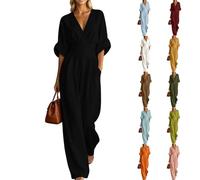 Générique Tuta da donna chic da sera elegante Tuta a V Gambe larghe con tasche Tute a maniche a pipistrello elegante set estivo abbigliamento fluido da matrimonio tuta Overall, Le Noir-a, XL
