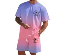 Générique Tuta da uomo Set di 2 pezzi con motivo a palme da cocco, set da jogging da uomo, camicia a maniche corte e pantaloncini estivi, set da uomo, chic, casual, casual, sportswear Vancance Estate