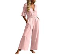 Générique Tuta lunga da donna Pagliaccetto per le vacanze a maniche corte con pizzo e scollo a V Trousers lunghi in tinta unita ed eleganti da spiaggia chic abbigliamento estivo fluido bohemian per le