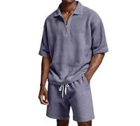 Générique Uomo Set Estate 2 Pezzi Poloshirt Maniche Corte Mezza Zip Tessuto Waffle E Pantaloncini Estivi Traspirante Per Spiaggia Uscita All'Aperto Vacanze Tennis Abbigliamento Business Golf Set