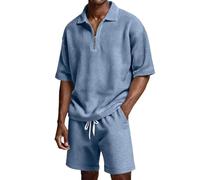 Générique Uomo Set Estate 2 Pezzi Poloshirt Maniche Corte Mezza Zip Tessuto Waffle E Pantaloncini Estivi Traspirante Per Spiaggia Uscita All'Aperto Vacanze Tennis Abbigliamento Business Golf Set