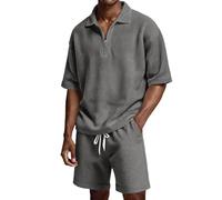 Générique Uomo Set Estate 2 Pezzi Poloshirt Maniche Corte Mezza Zip Tessuto Waffle E Pantaloncini Estivi Traspirante Per Spiaggia Uscita All'Aperto Vacanze Tennis Abbigliamento Business Golf Set