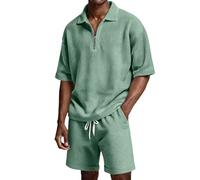 Générique Uomo Set Estate 2 Pezzi Poloshirt Maniche Corte Mezza Zip Tessuto Waffle E Pantaloncini Estivi Traspirante Per Spiaggia Uscita All'Aperto Vacanze Tennis Abbigliamento Business Golf Set