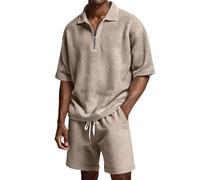 Générique Uomo Set Estate 2 Pezzi Poloshirt Maniche Corte Mezza Zip Tessuto Waffle E Pantaloncini Estivi Traspirante Per Spiaggia Uscita All'Aperto Vacanze Tennis Abbigliamento Business Golf Set